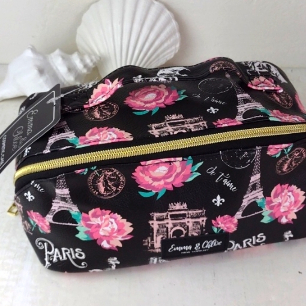 Emma & Chloe Black & Pink Floral & Paris Themed Women's Make-up Bag NWT - Picture 13 of 13